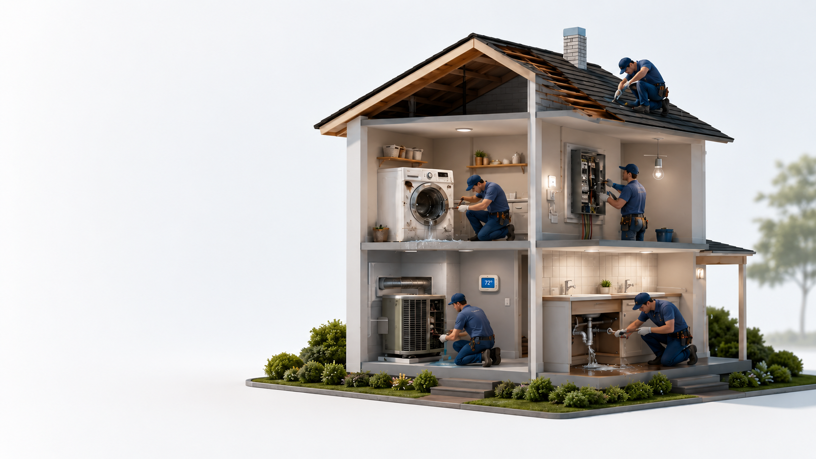 Cutaway house showing Best Fix Pro Service technicians working on appliance repair, electrical, HVAC, plumbing, and roofing